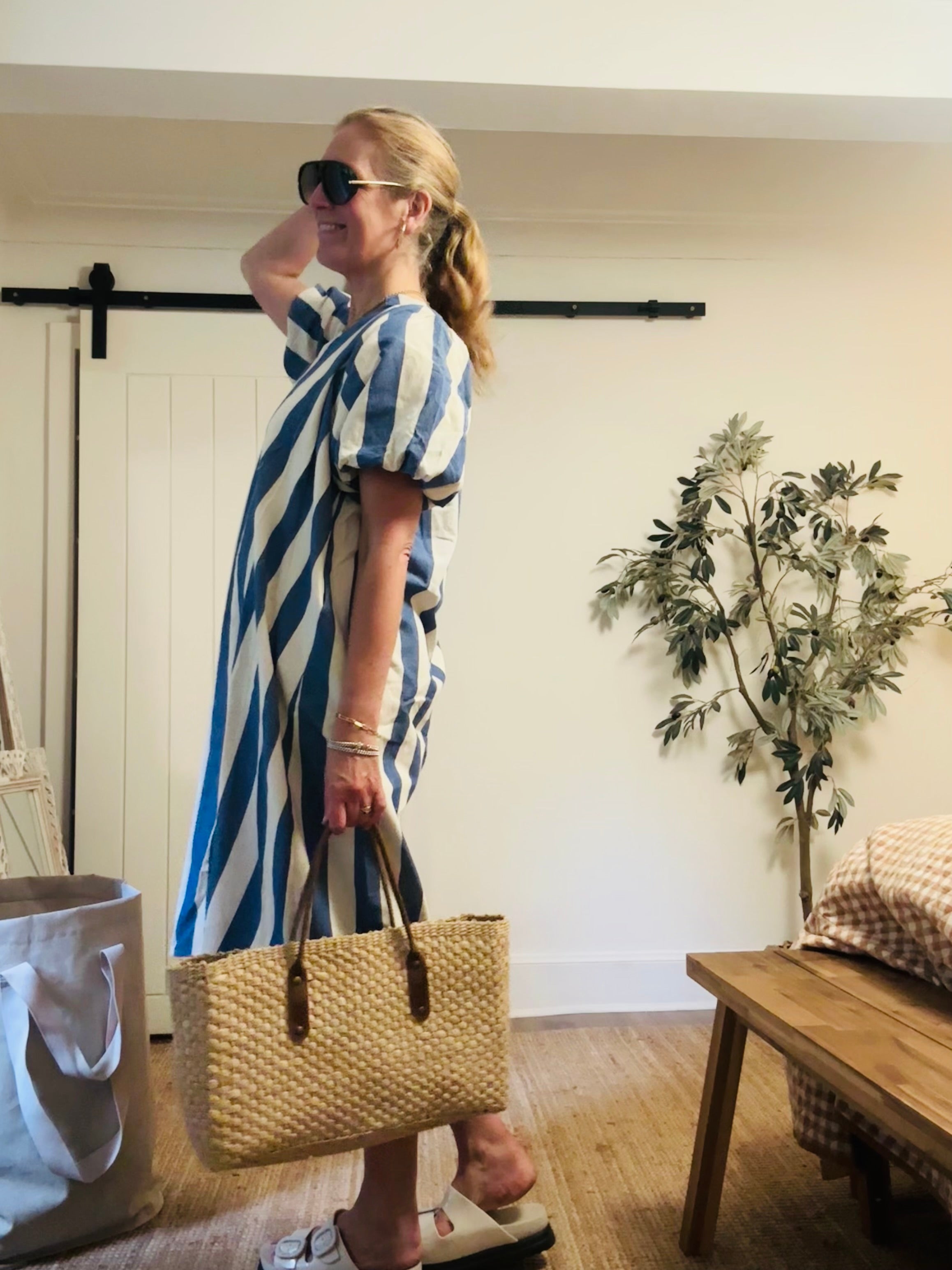 Big Blue and White Striped 100% Cotton Dress (One Size)