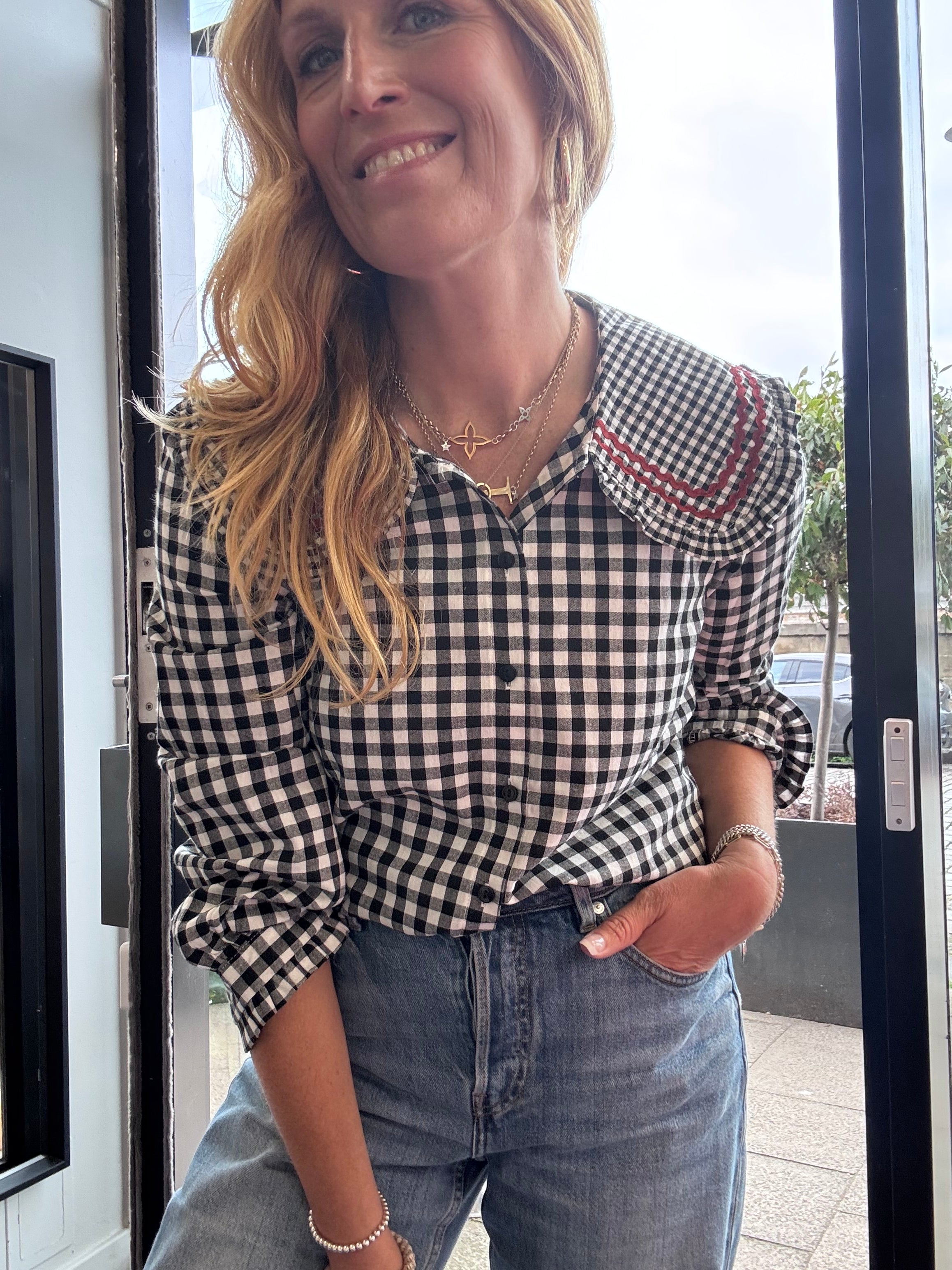 Gingham Black & White Blouse