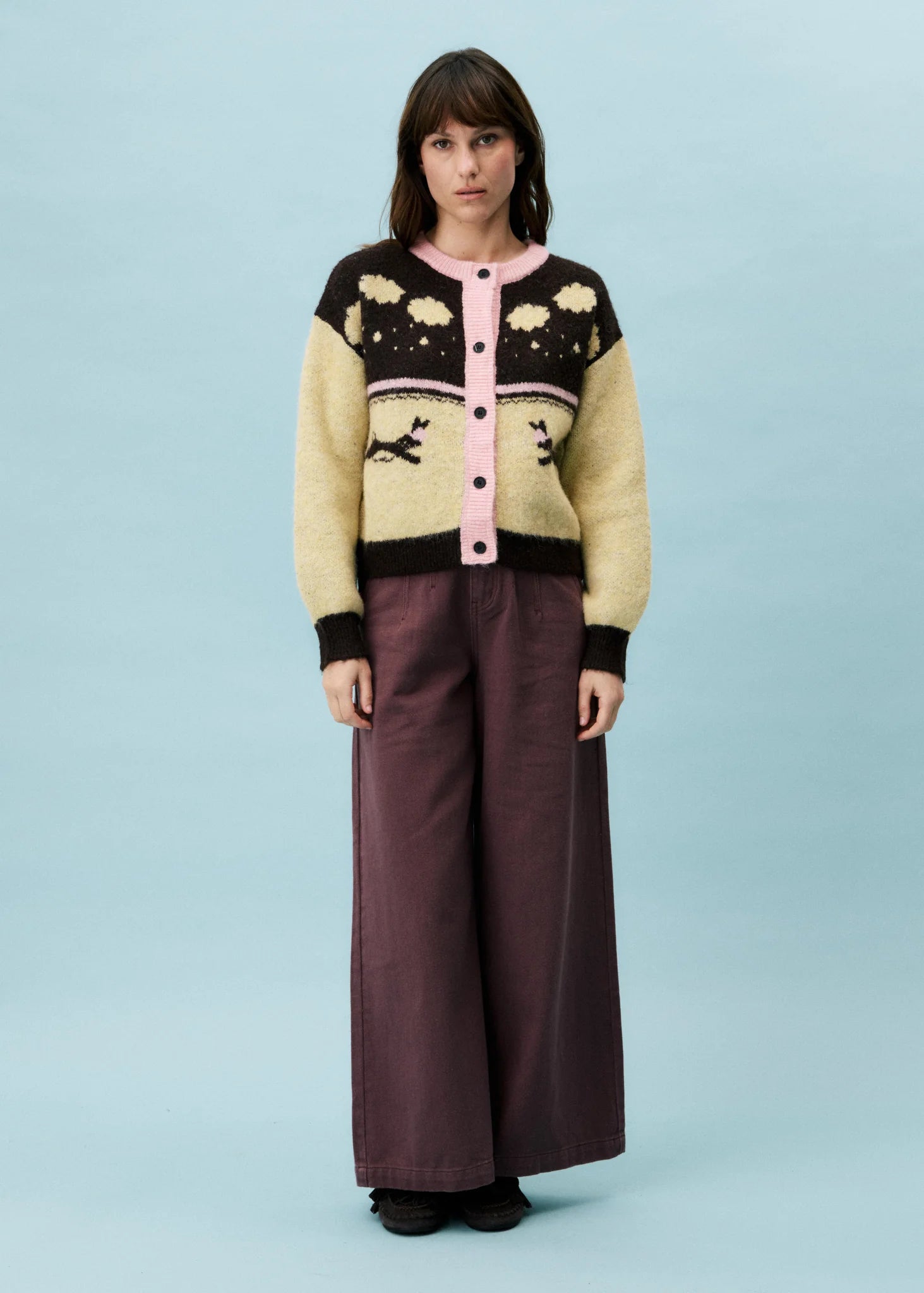 FRNCH Barret Cardigan with Motif in Wine & Beige