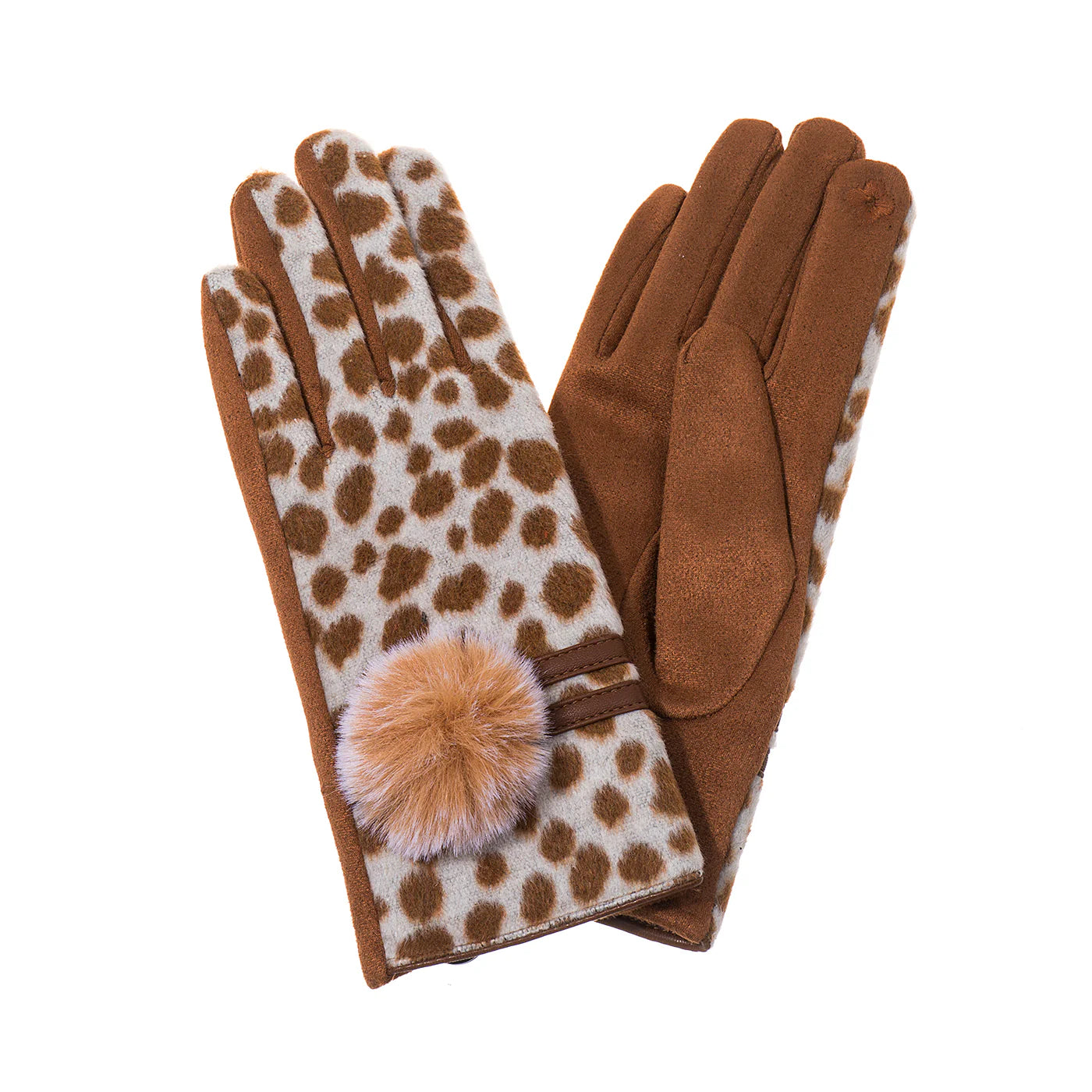Animal Print Pom Pom Gloves in Tan & White