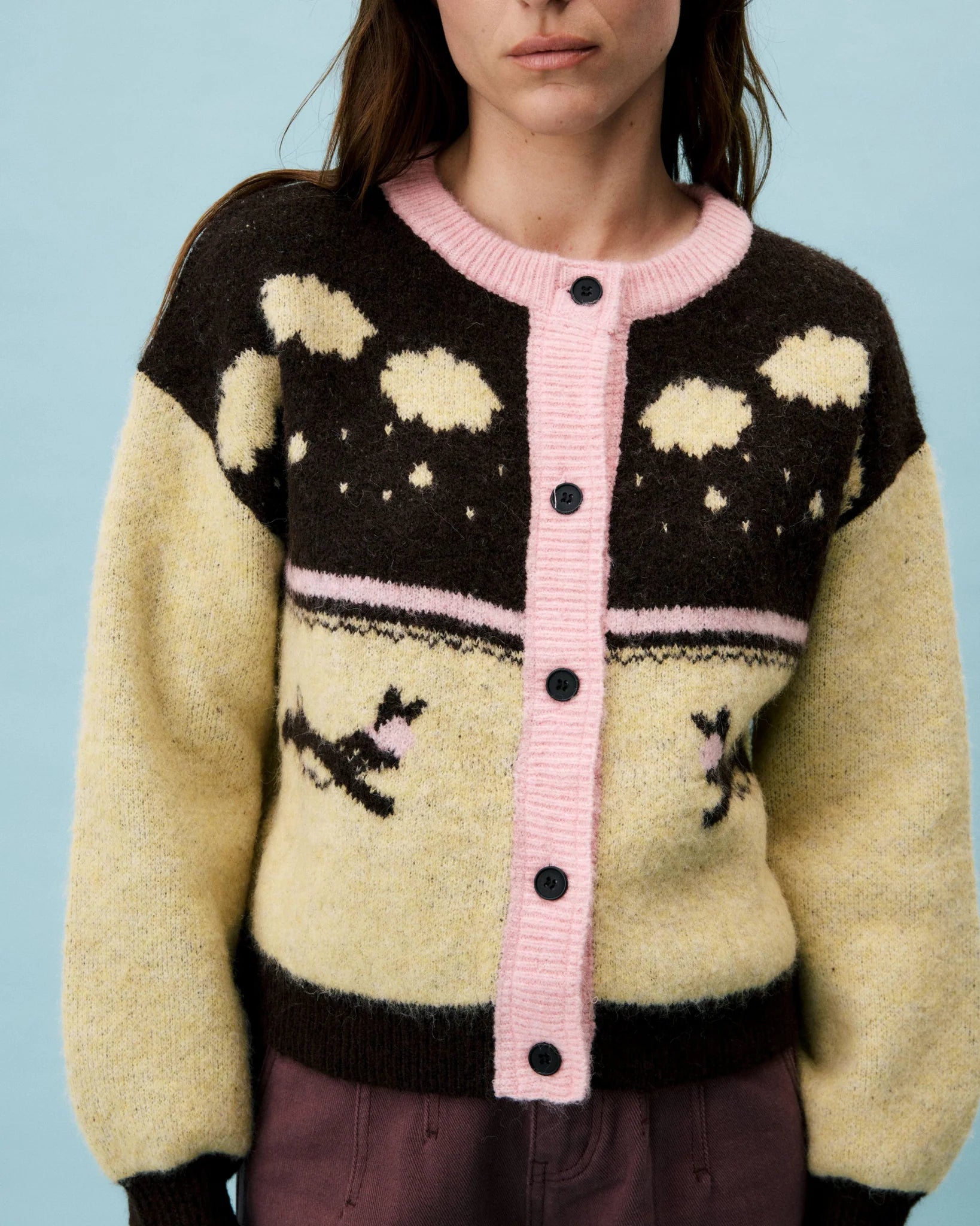 FRNCH Barret Cardigan with Motif in Wine & Beige