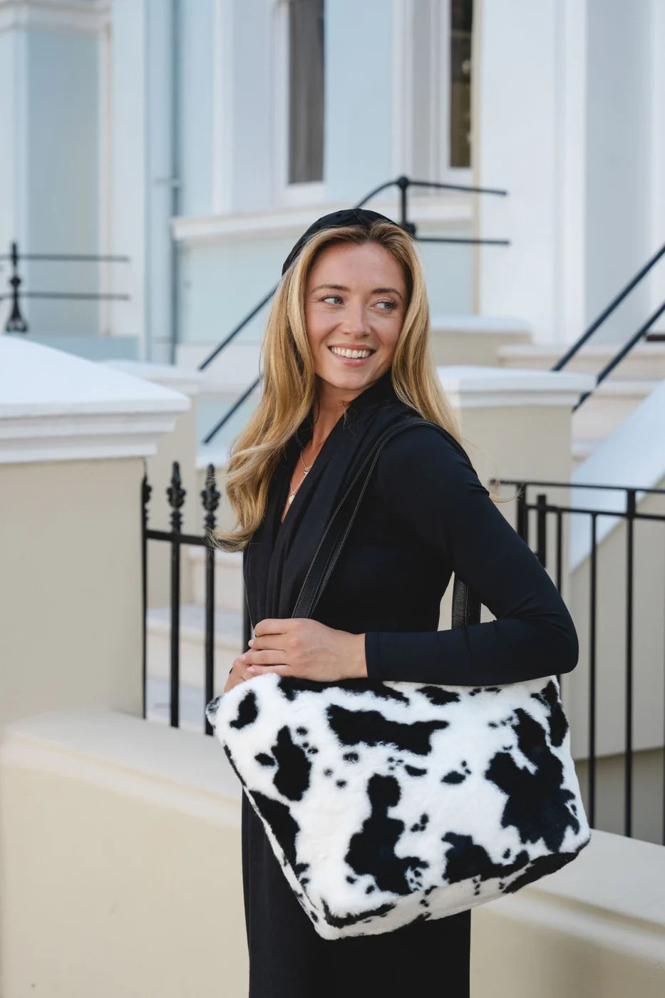 Carro Faux Fur Shoulder Bag in Black & White Print