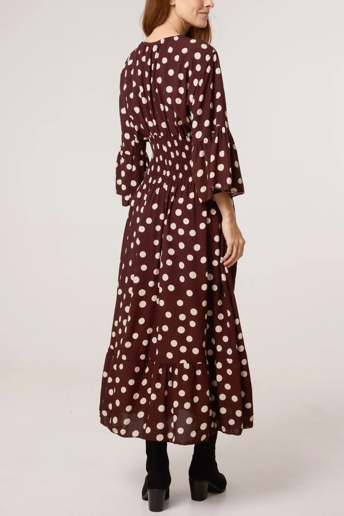 Polka Dot Shirred Waist Dress in Chocolate Brown (ONE SIZE
