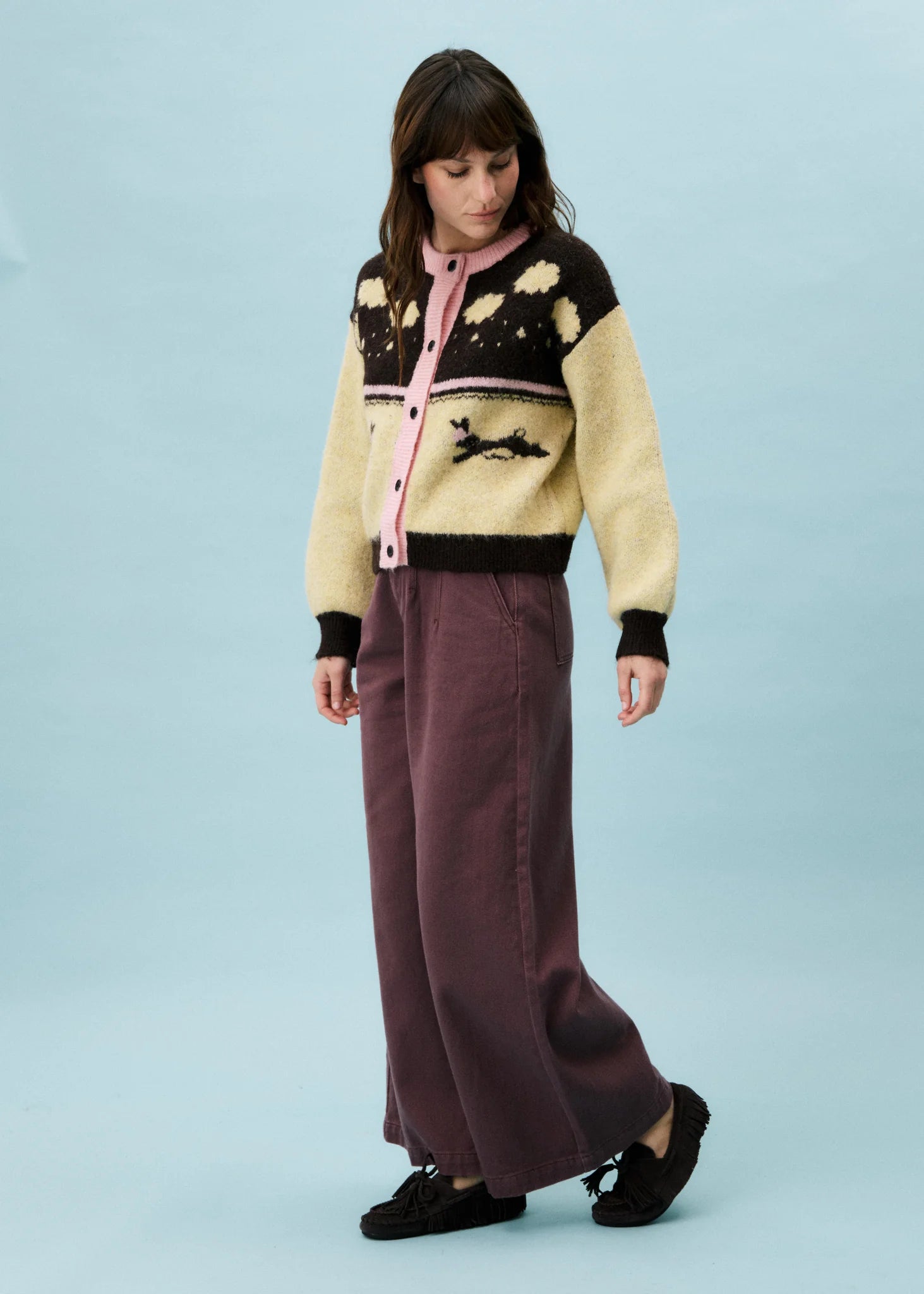 FRNCH Barret Cardigan with Motif in Wine & Beige