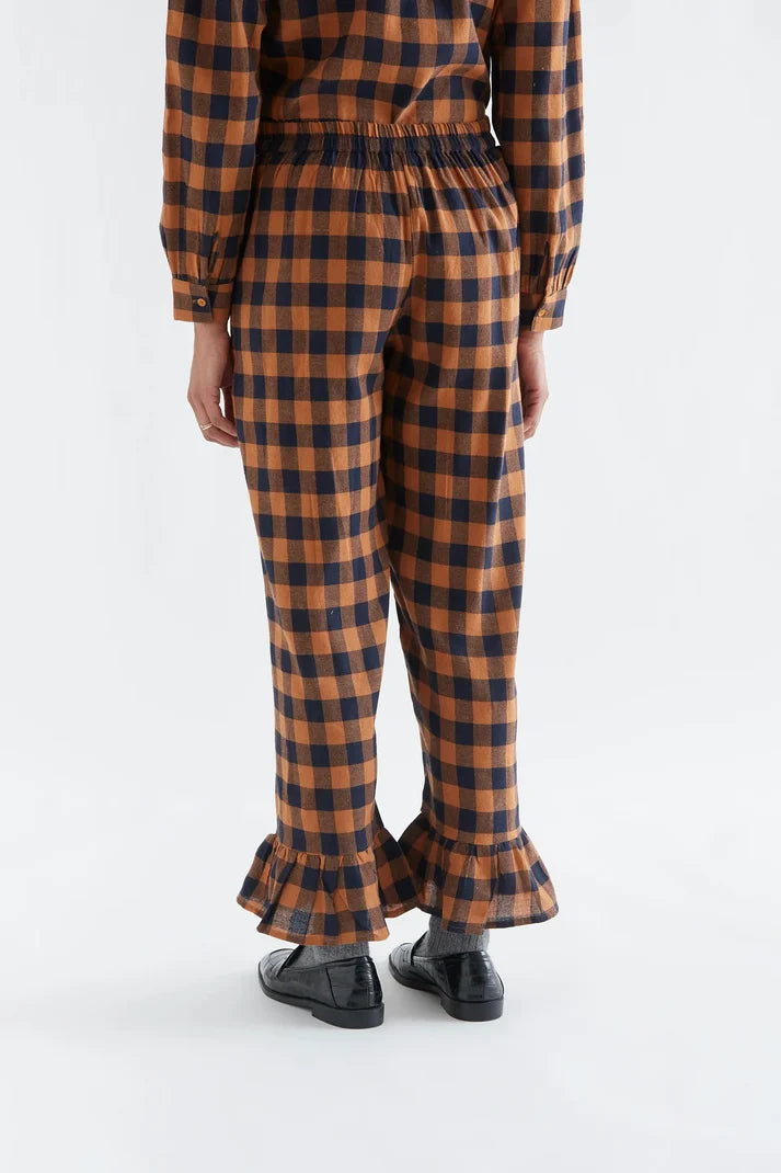 100% cotton pants with a brown and navy plaid pattern