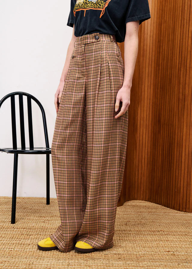 Frnch Cannelle Checked Wide Leg Trouser in Ocre