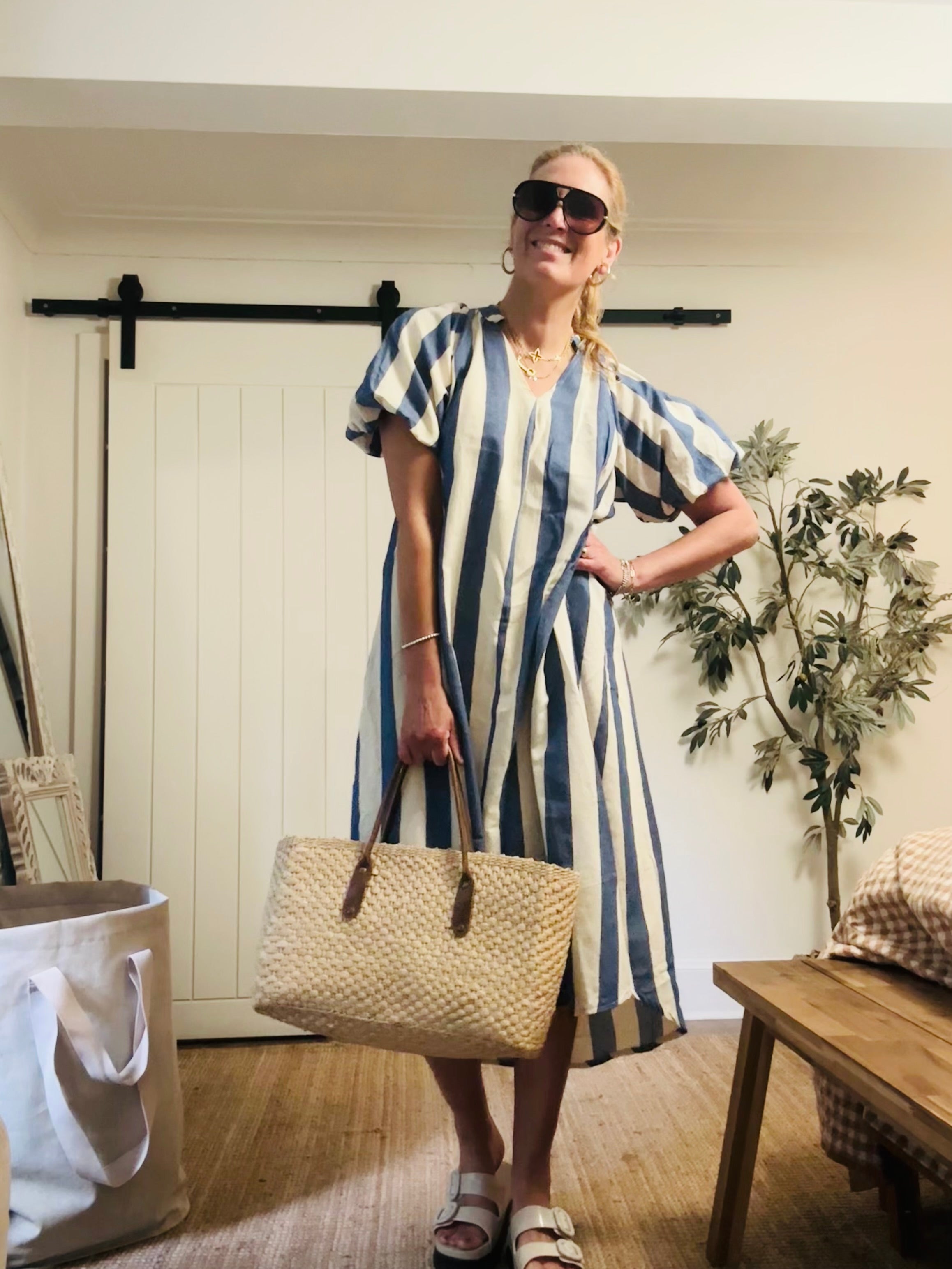 Big Blue and White Striped 100% Cotton Dress (One Size)