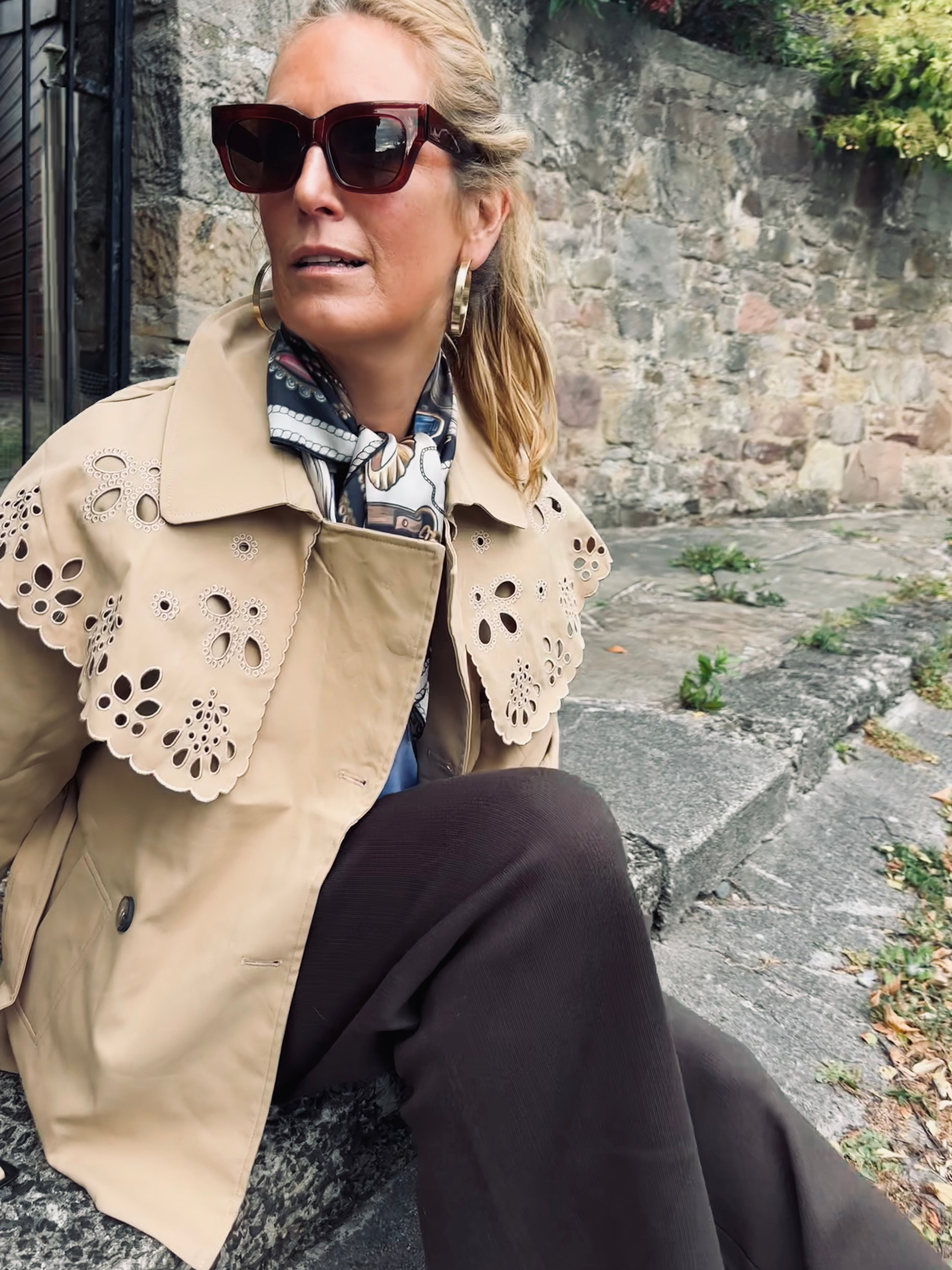 Ivy Short Trench Style Jacket with Embroidered Detail in Taupe (ONE SIZE)