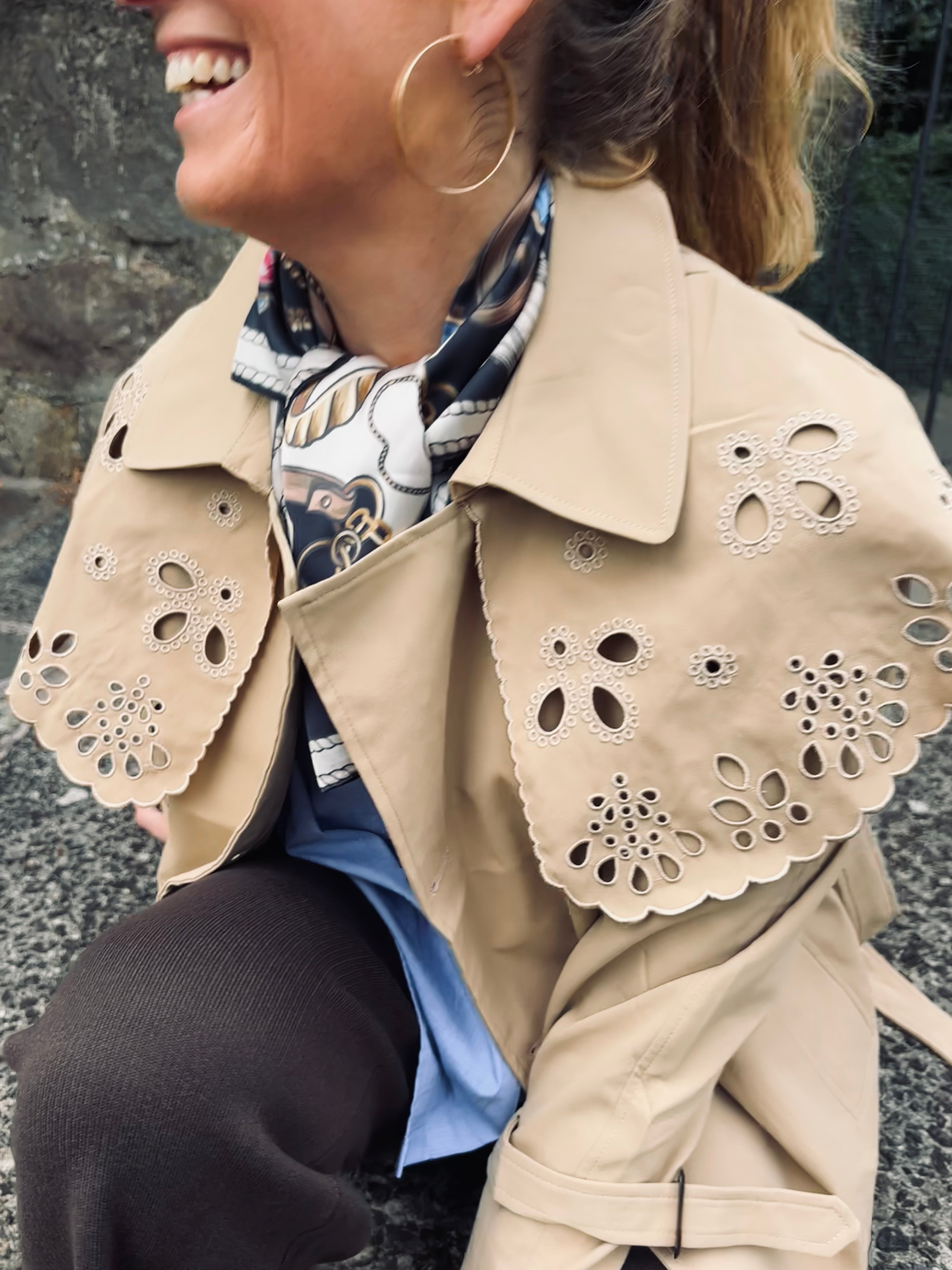 Ivy Short Trench Style Jacket with Embroidered Detail in Taupe (ONE SIZE)