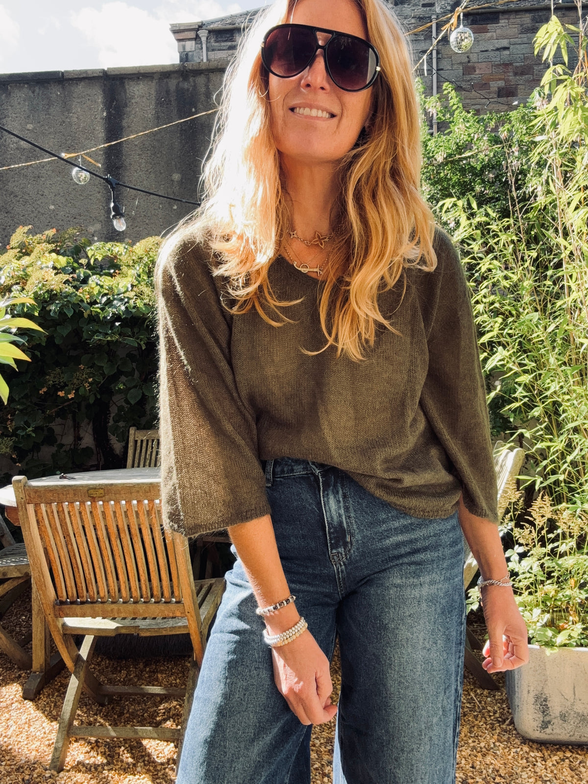 Khaki V Neck Fine Knit - one size