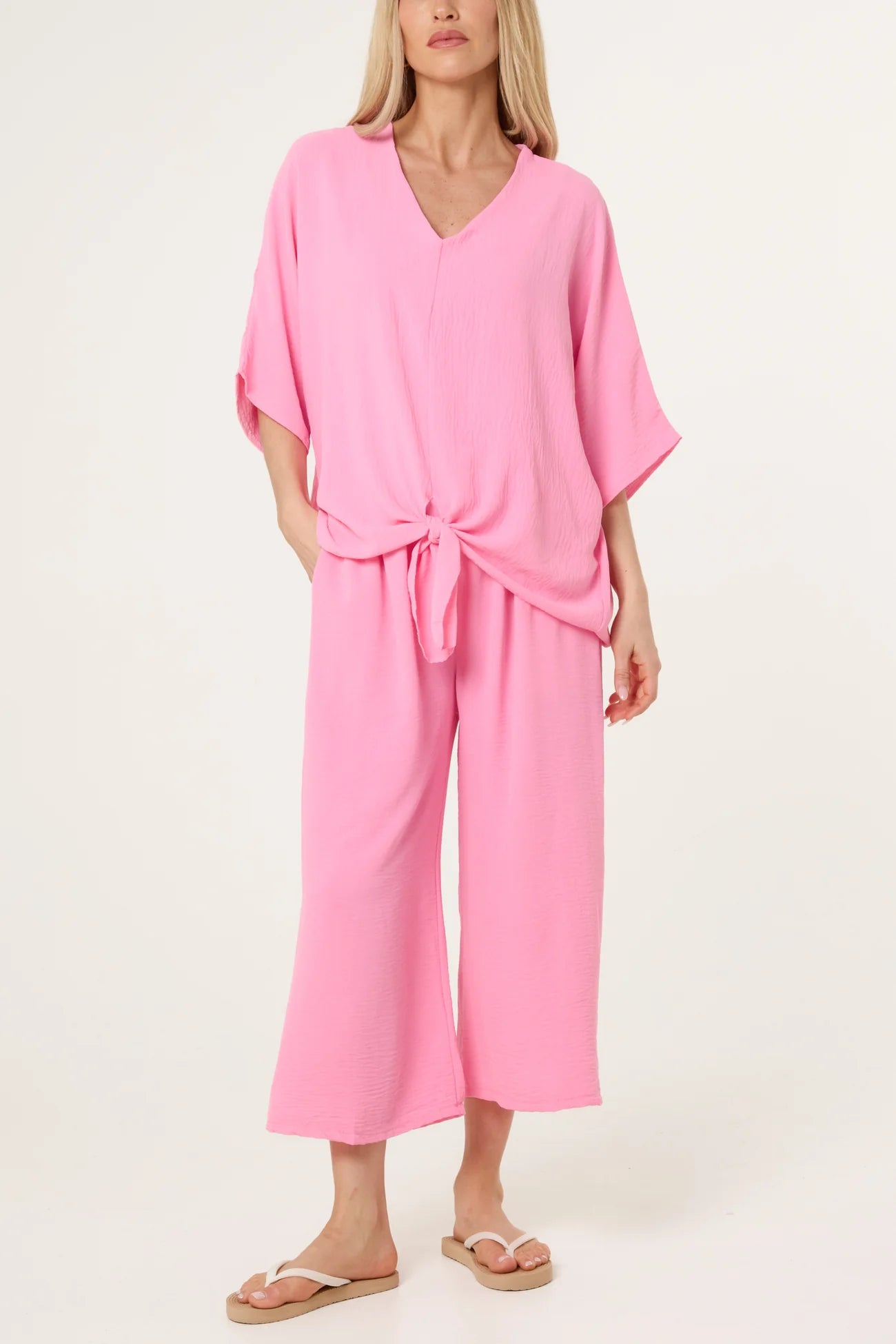 V-Neck Front Knot Top & Trousers Set in Pink