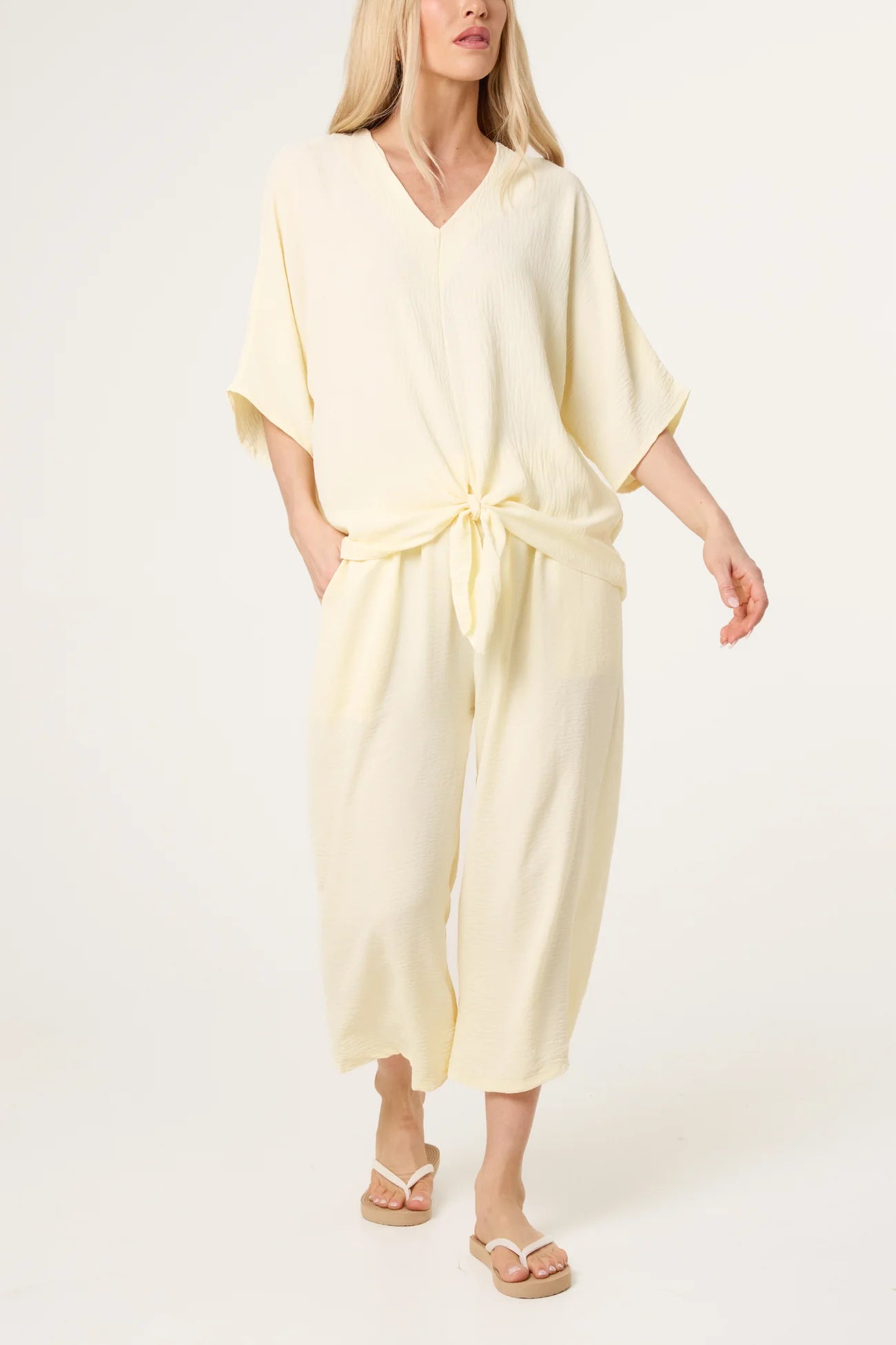 V-Neck Front Knot Top & Trousers Set in Lemon