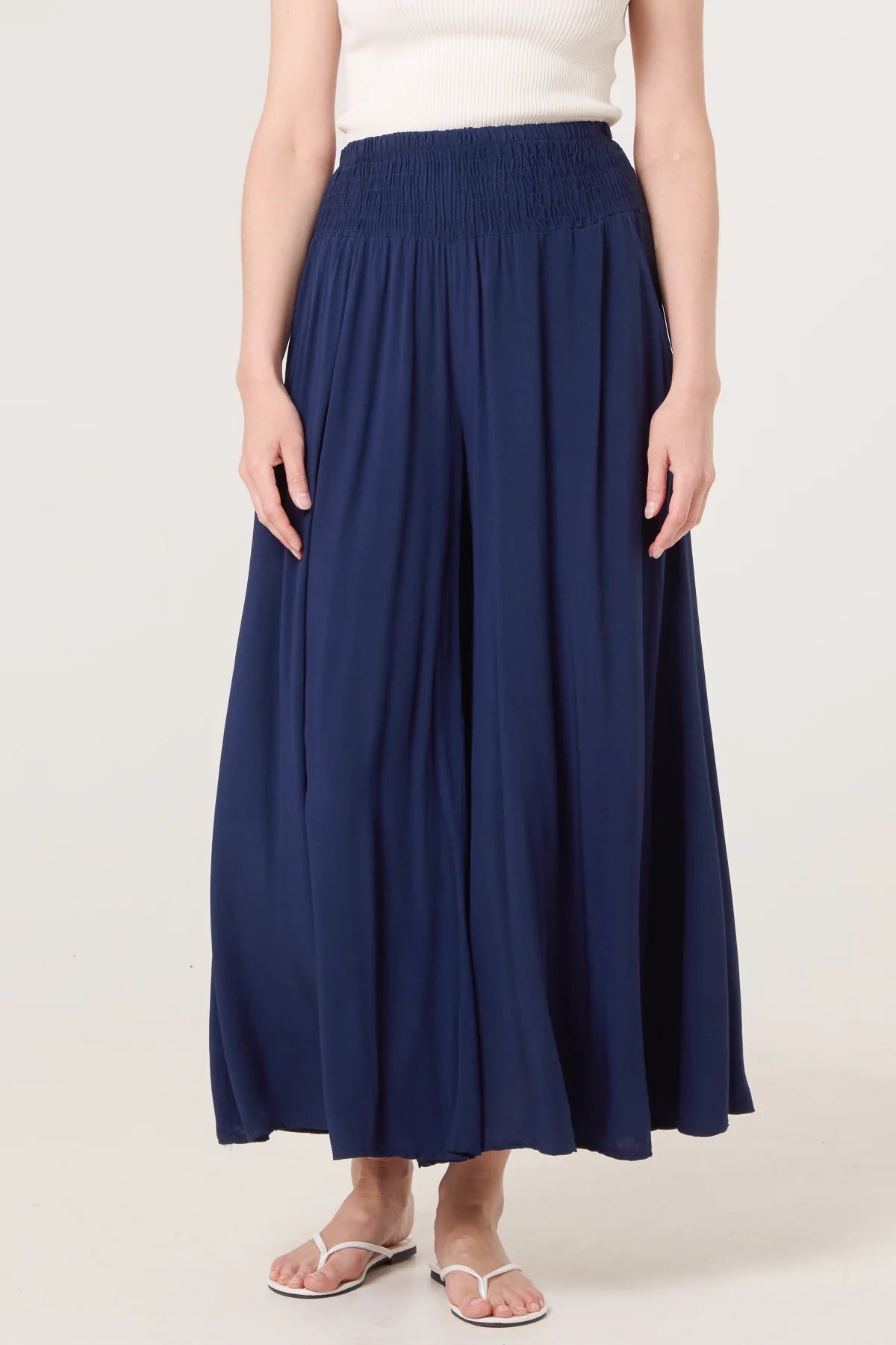 Soft Touch Shirred Waist Wide Leg Trousers Navy