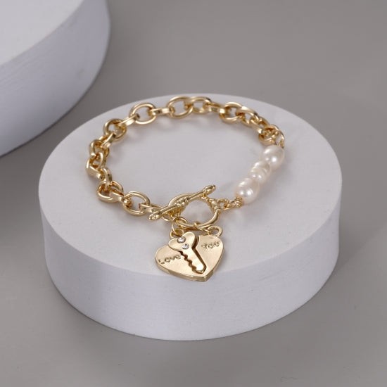 Karma Link Bracelet with Heart & Key Charm in Gold