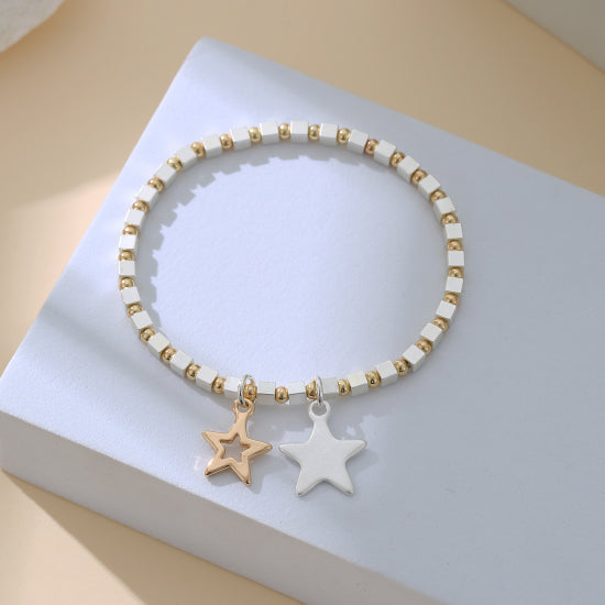 Marie Cube Bead Double Star Charm Bracelet in Gold & Silver