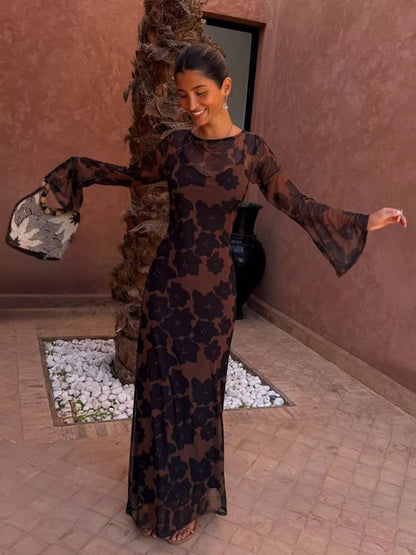 Never Fully Dressed Jaden Floral Mesh Dress, Brown