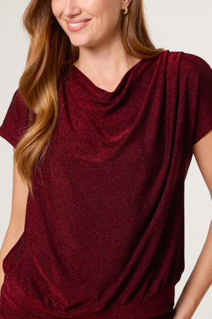 Belle Metallic Crap Neck Top in Wine