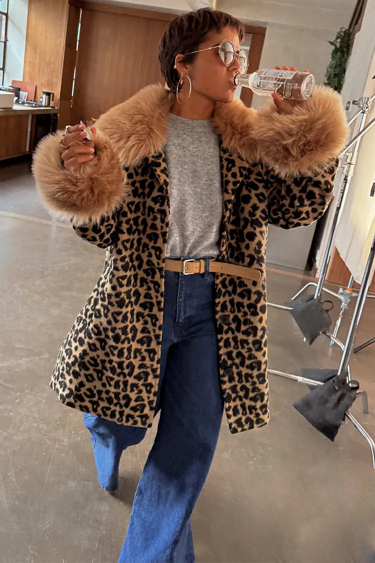 NFD Leopard Print Coat with Faux Fur Trim