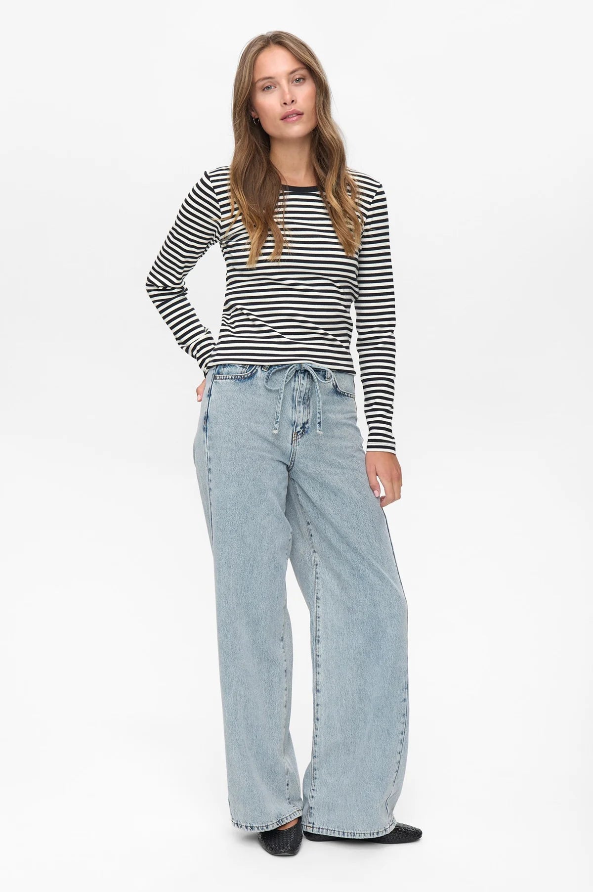 Numph Numelany Long Sleeved Striped Top in Caviar Black