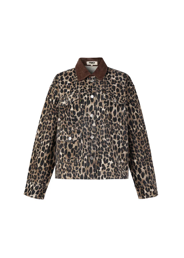 FRNCH Munchkin Short Denim Jacket in Leopard