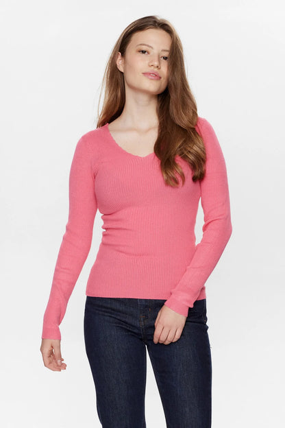 Numph Nuayelet Long Sleeved Ribbed Top in Cameillia Rose