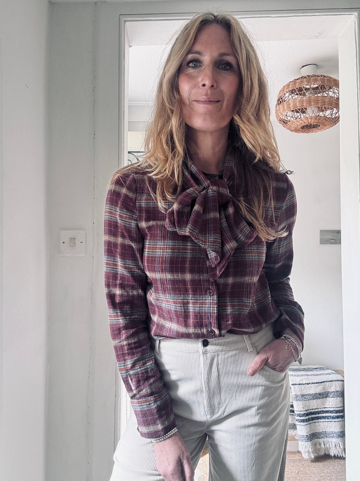 Burgandy Check Shirt with Bow - one size