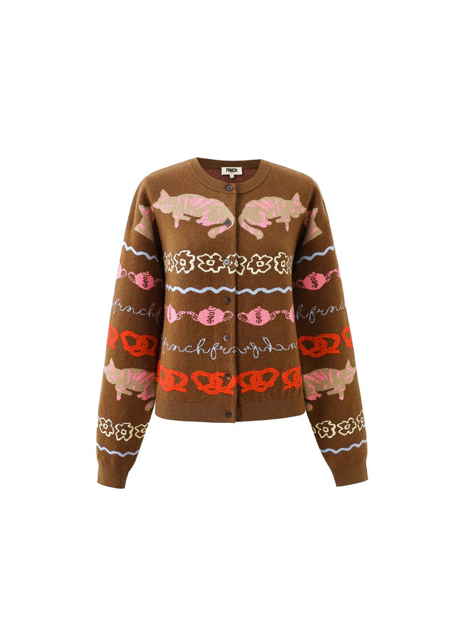 FRNCH Abyssin Patterned Cardigan in Marron Glace