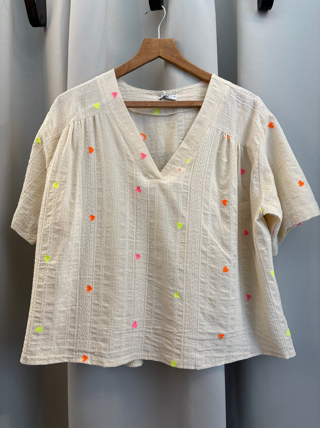 V-Neck Top with Embroidered Neon Hearts (ONE SIZE UK10-16)