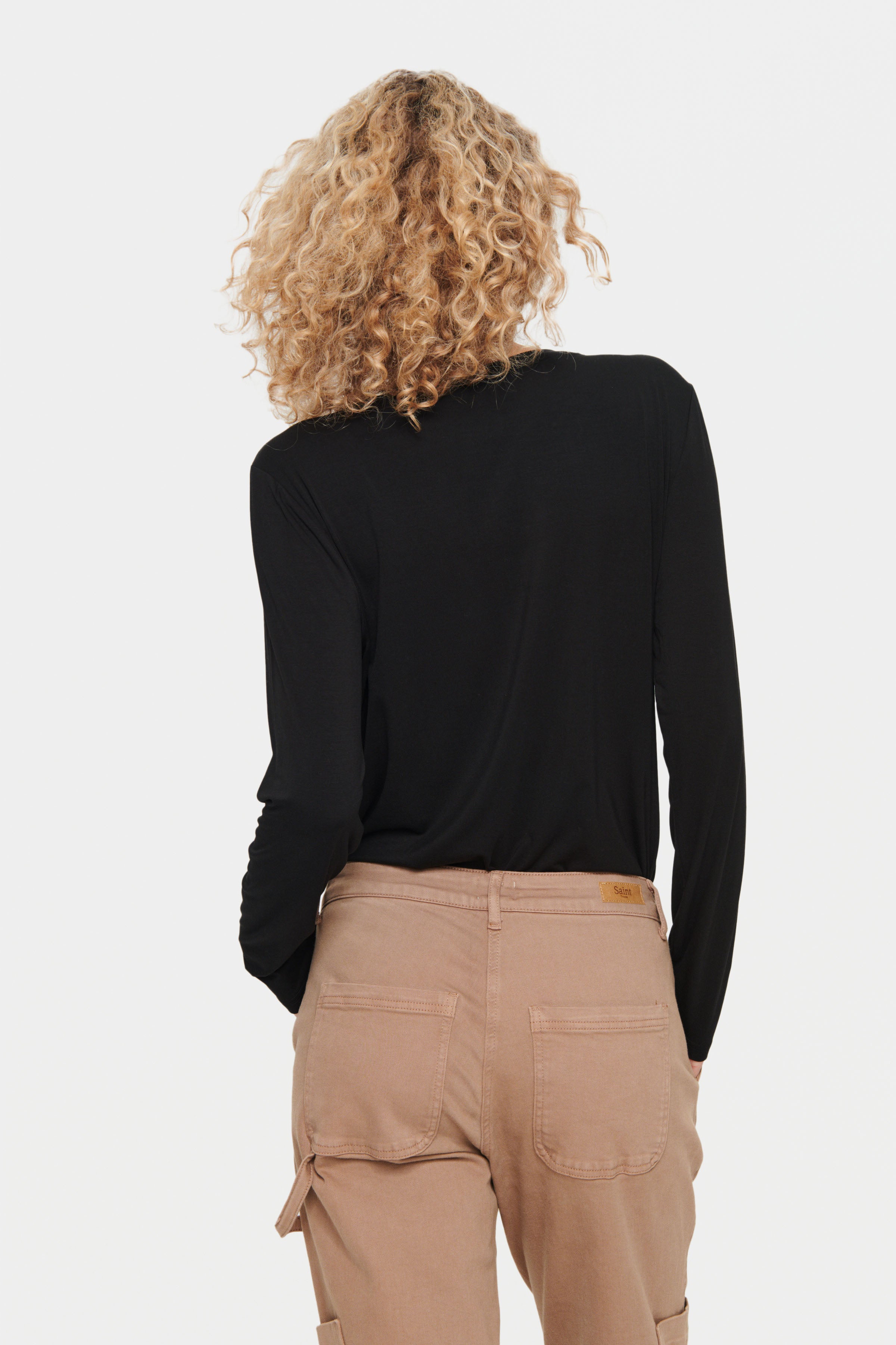 Saint Tropez Adelia Cotton V-Neck Long Sleeved T-Shirt Blouse in Black