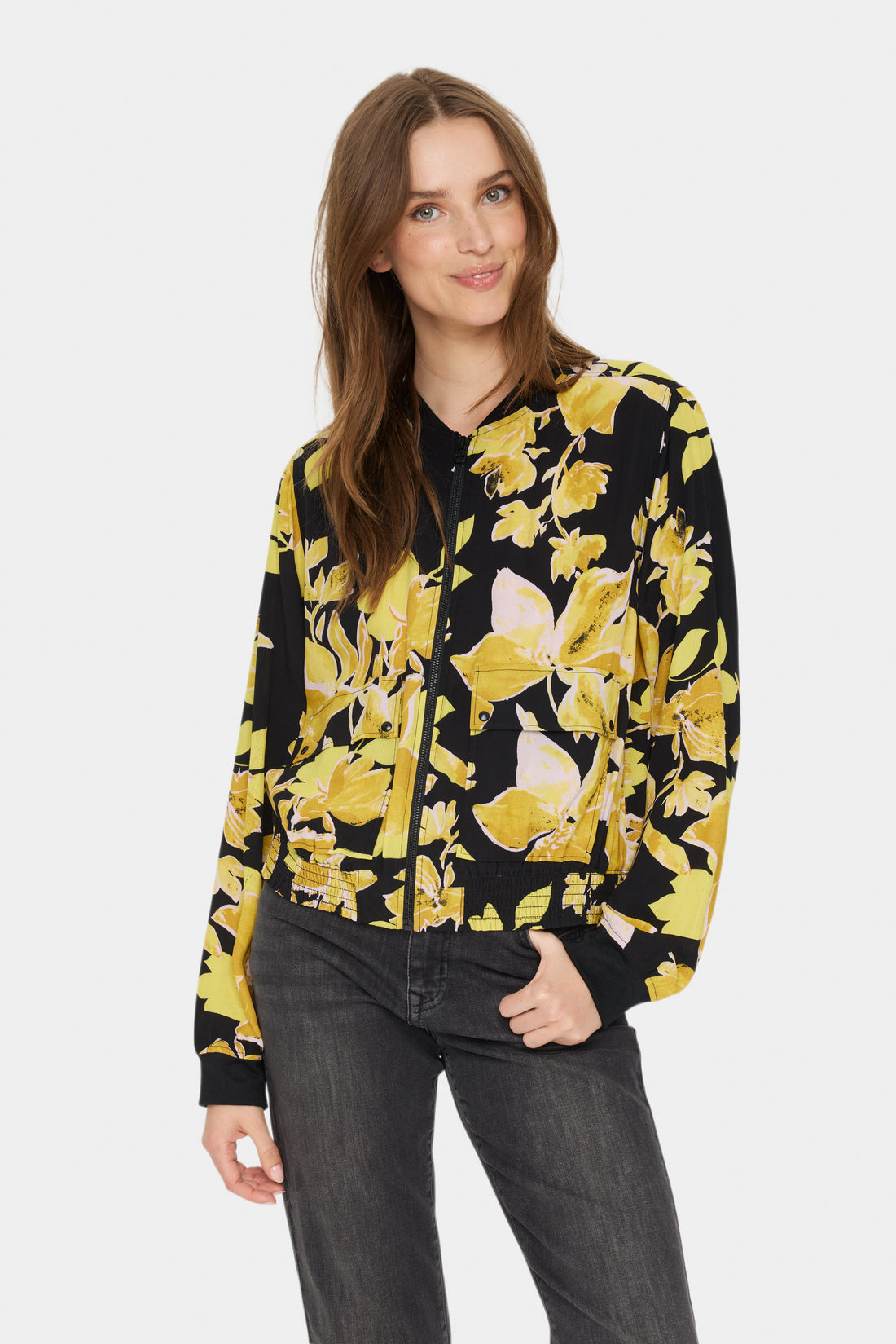 Saint Tropez Grace Bomber Jacket in Black Burnished Print