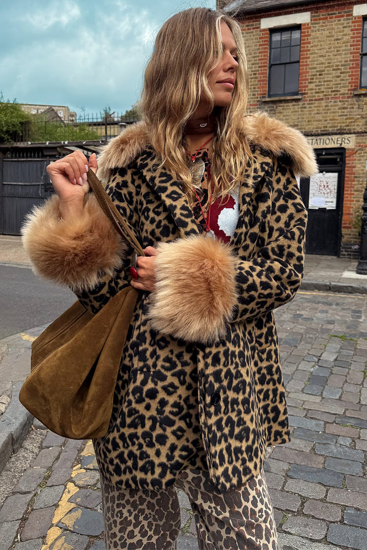 NFD Leopard Print Coat with Faux Fur Trim
