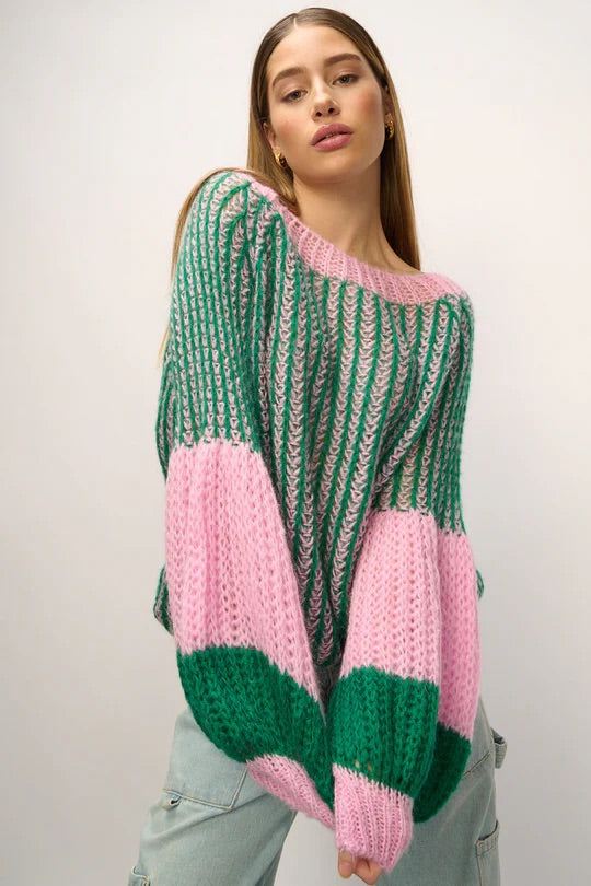 Liana Pullover in Green and Bubblegum