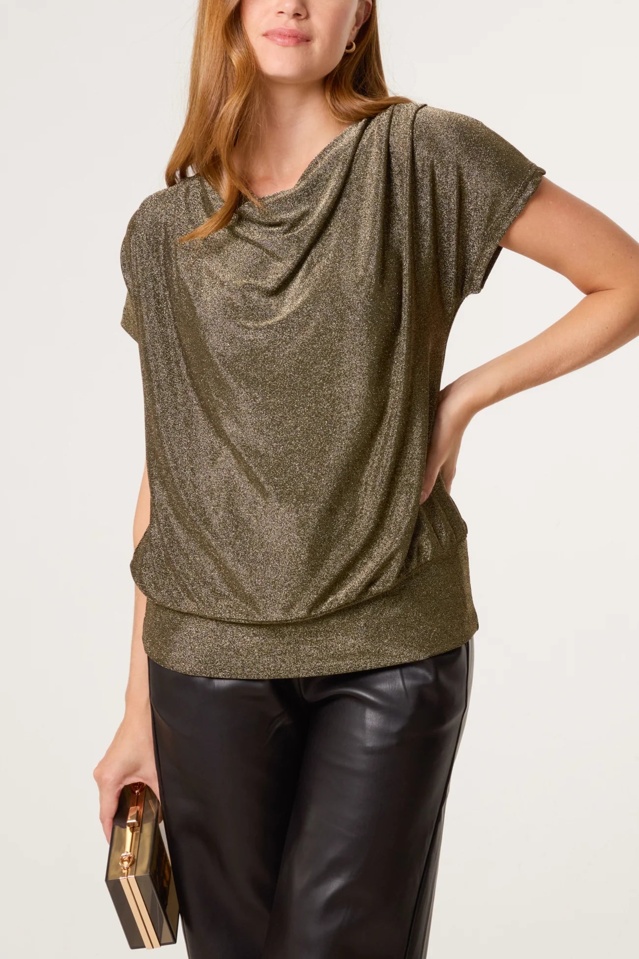 Belle Metallic Drap Neck Top in Bronze