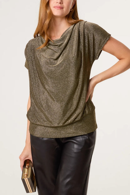 Belle Metallic Drap Neck Top in Bronze