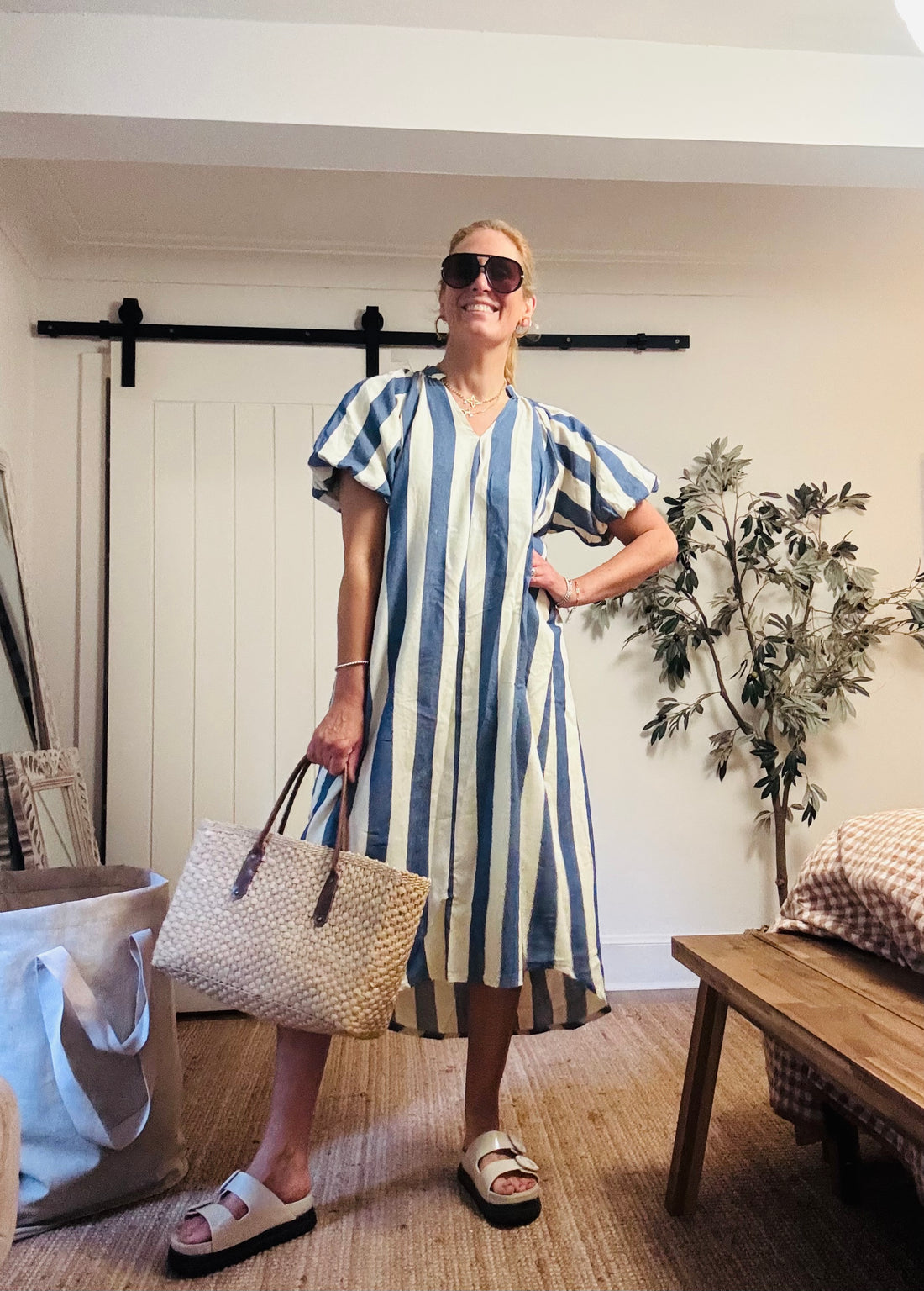 Big Blue and White Striped 100% Cotton Dress (One Size)