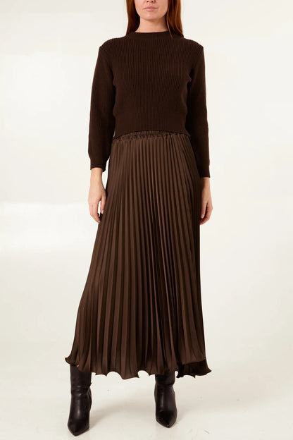 Satin Pleated Maxi Skirt in Chocolate Brown (ONE SIZE)