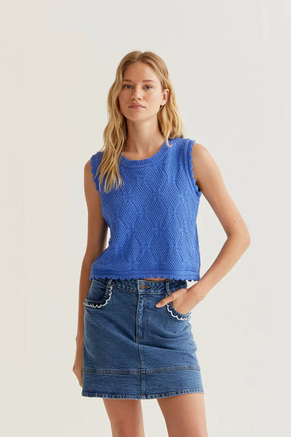 Blue chain-stitched embroidered top