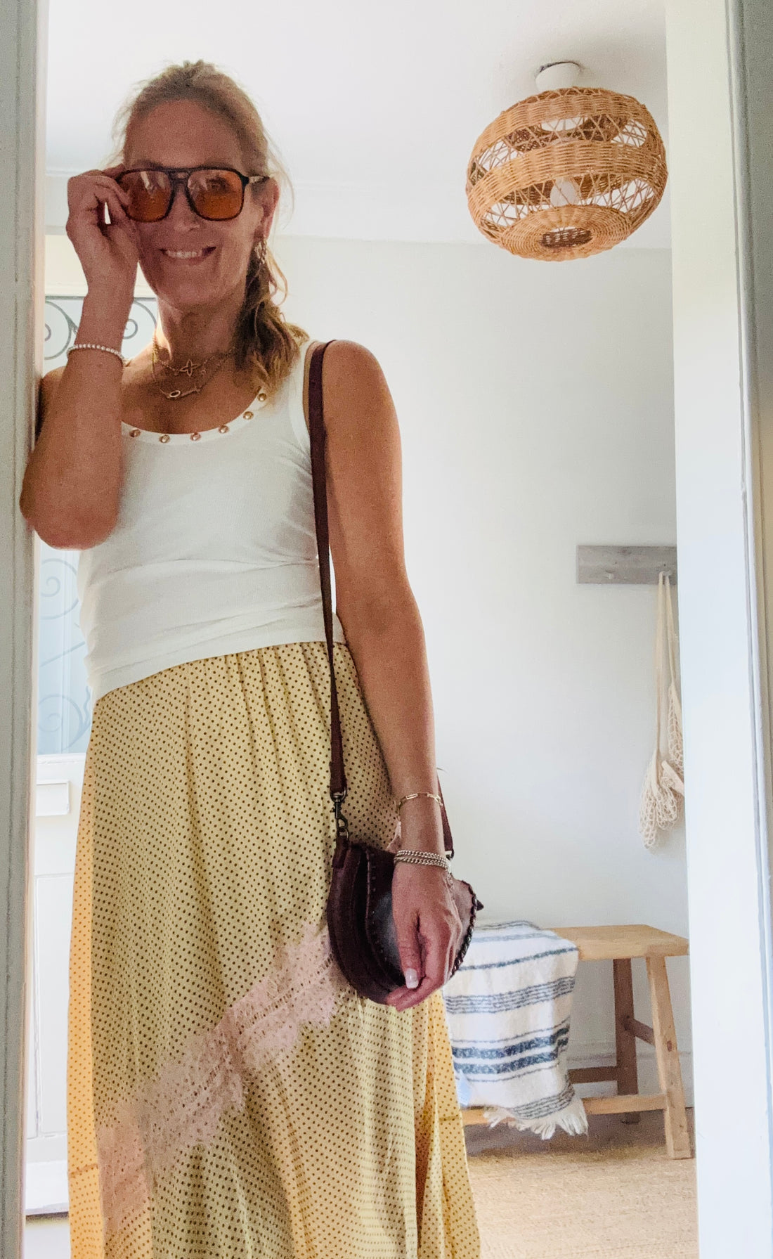 Yellow Dot Satin Skirt with pink lace.
