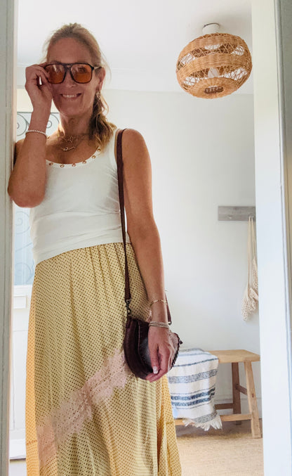 Yellow Dot Satin Skirt with pink lace.
