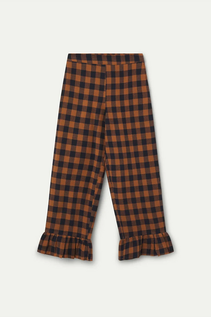 100% cotton pants with a brown and navy plaid pattern