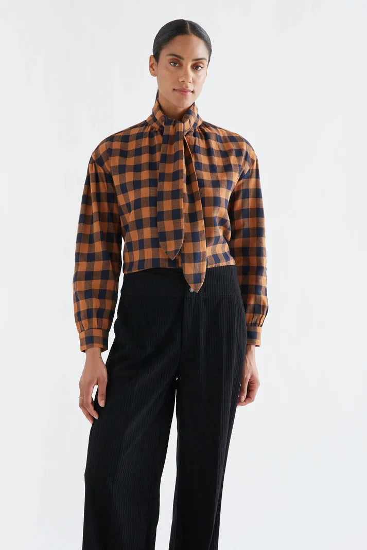 100% cotton lace-up shirt with brown and navy plaid print