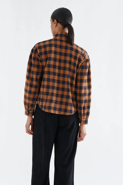 100% cotton lace-up shirt with brown and navy plaid print