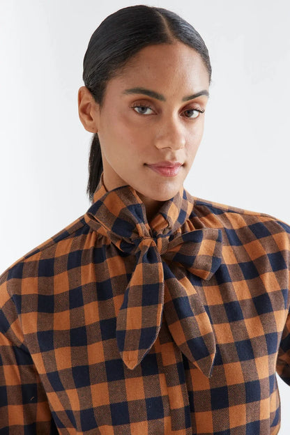 100% cotton lace-up shirt with brown and navy plaid print