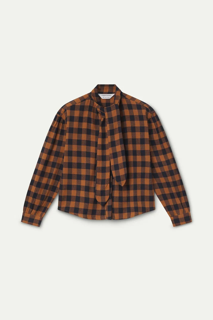 100% cotton lace-up shirt with brown and navy plaid print