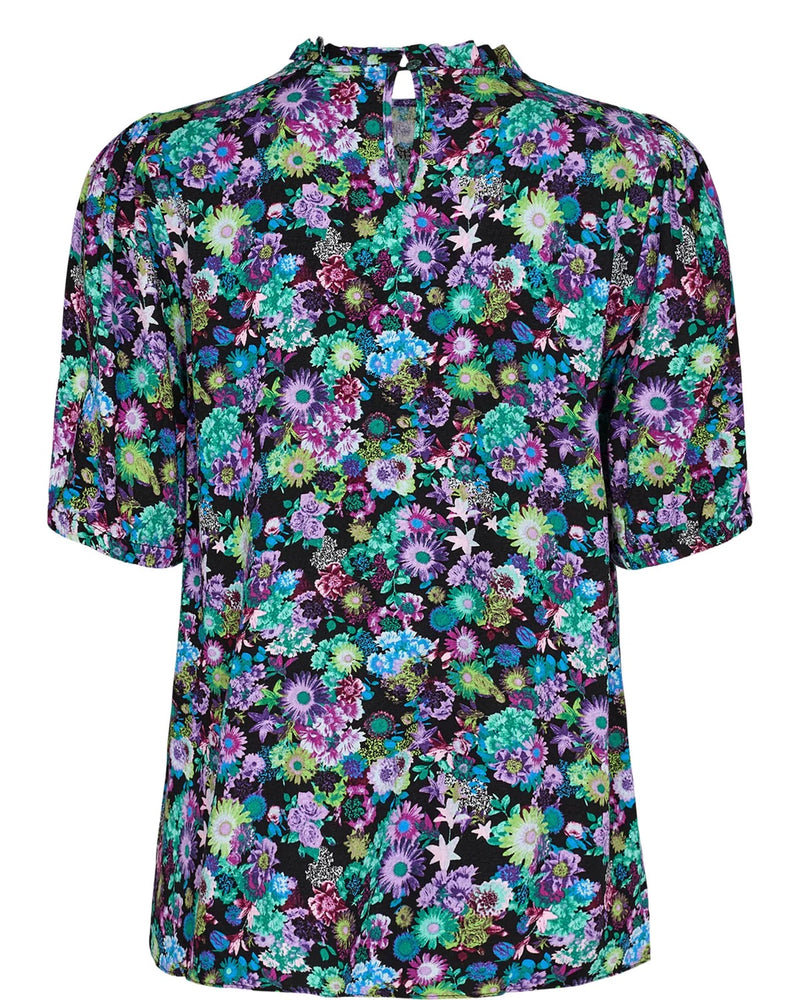 Nümph nuviola Short Sleeved High Neck Top in Floral Print on Black