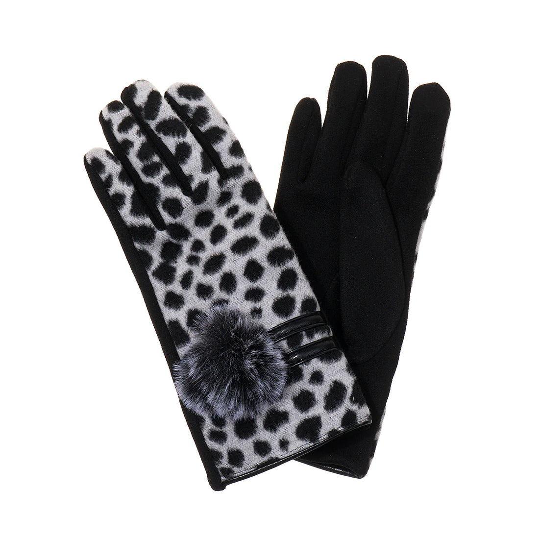 Animal Print Pom Pom Gloves in Black &amp; White