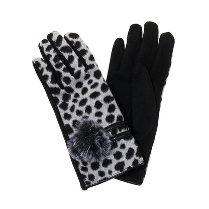 Animal Print Pom Pom Gloves in Black &amp; White
