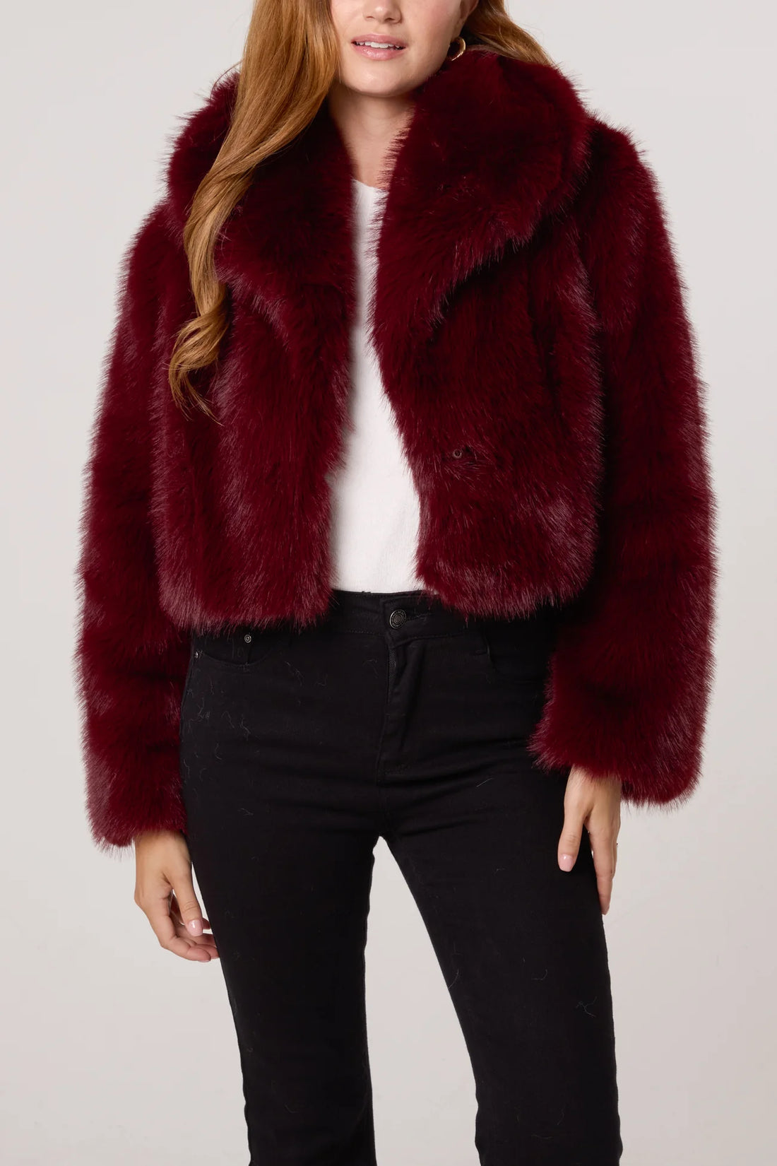 Lolla Faux Fur Cropped Jacket in Wine