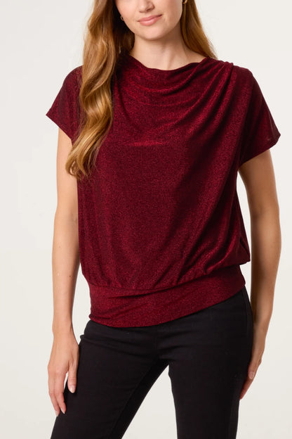 Belle Metallic Crap Neck Top in Wine