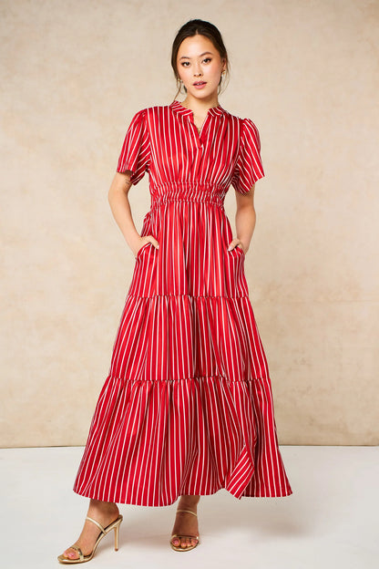 Striped Tiered Maxi Dress in Red